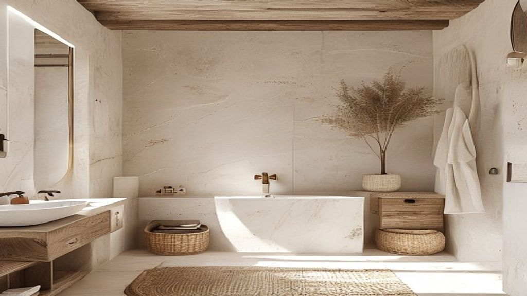 Concepto de baño rústico con bañera exenta, hornacina y muebles de madera