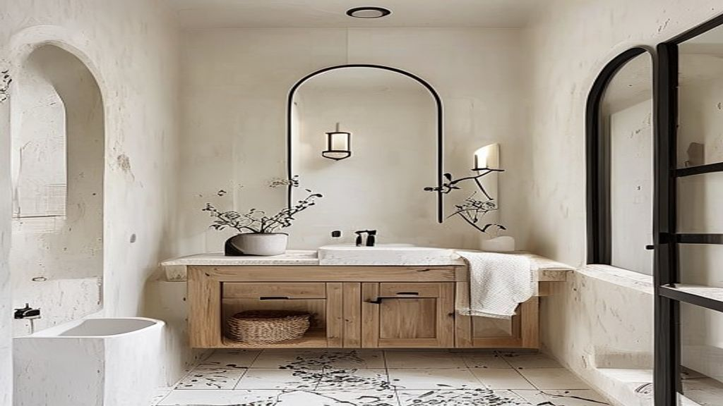 Concepto de baño claro con lavabo doble, espejo arqueado y mueble suspendido de madera