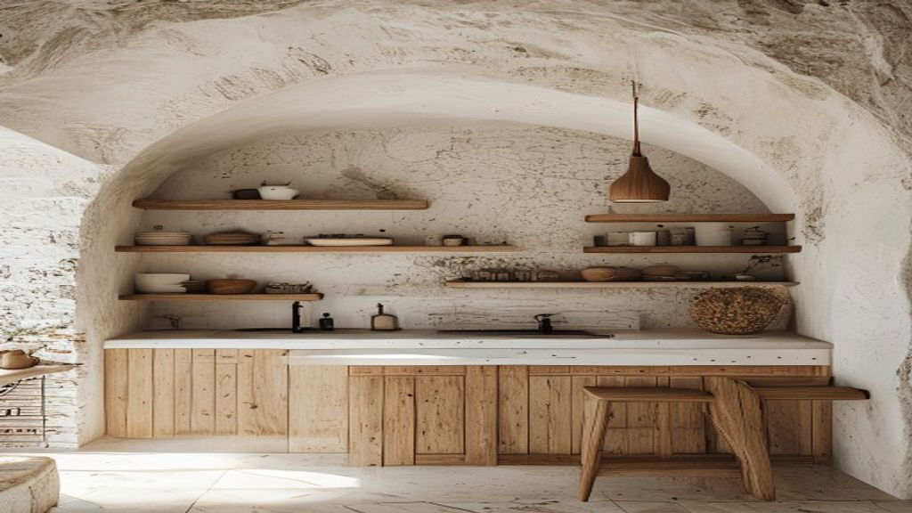 Concepto de cocina en cueva con bóveda de piedra, baldas y mobiliario de madera clara