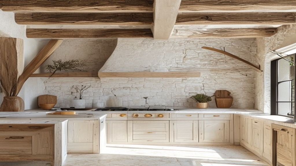Concepto de cocina rústica blanca con vigas antiguas, isla y encimera de madera