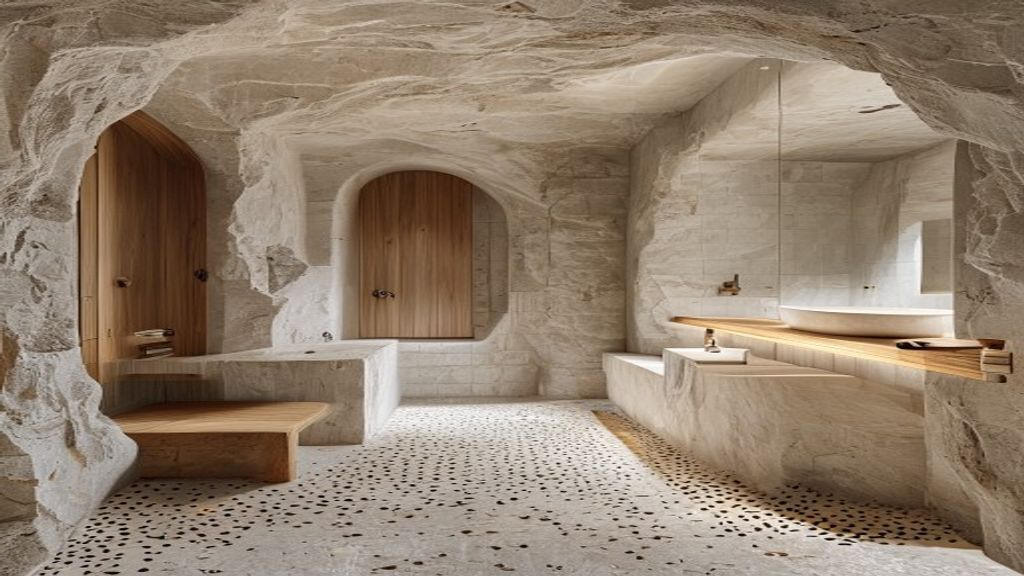 Concepto de baño tipo cueva con ducha abierta, arco de piedra y bañera integrada