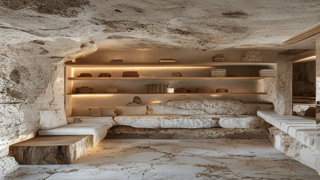 Concepto de estancia excavada con paredes irregulares, banco de obra y luz cálida