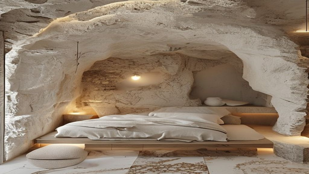 Concepto de dormitorio en cueva con cama integrada en nicho de piedra y luz indirecta
