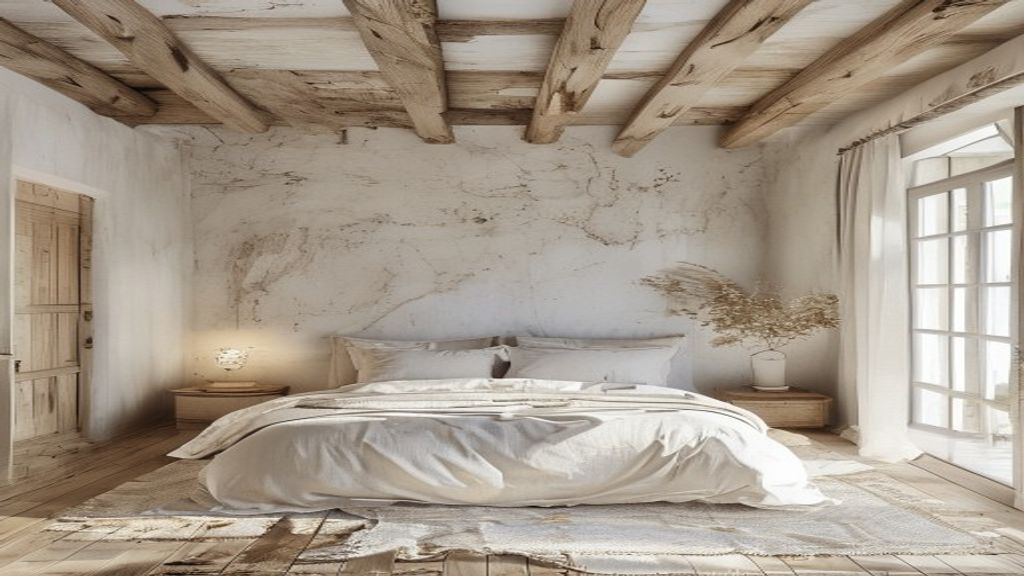 Concepto de dormitorio rústico blanco con vigas de madera y cama junto a ventana