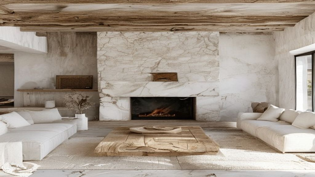 Concepto de salón rústico blanco con chimenea de piedra, vigas y sofás claros