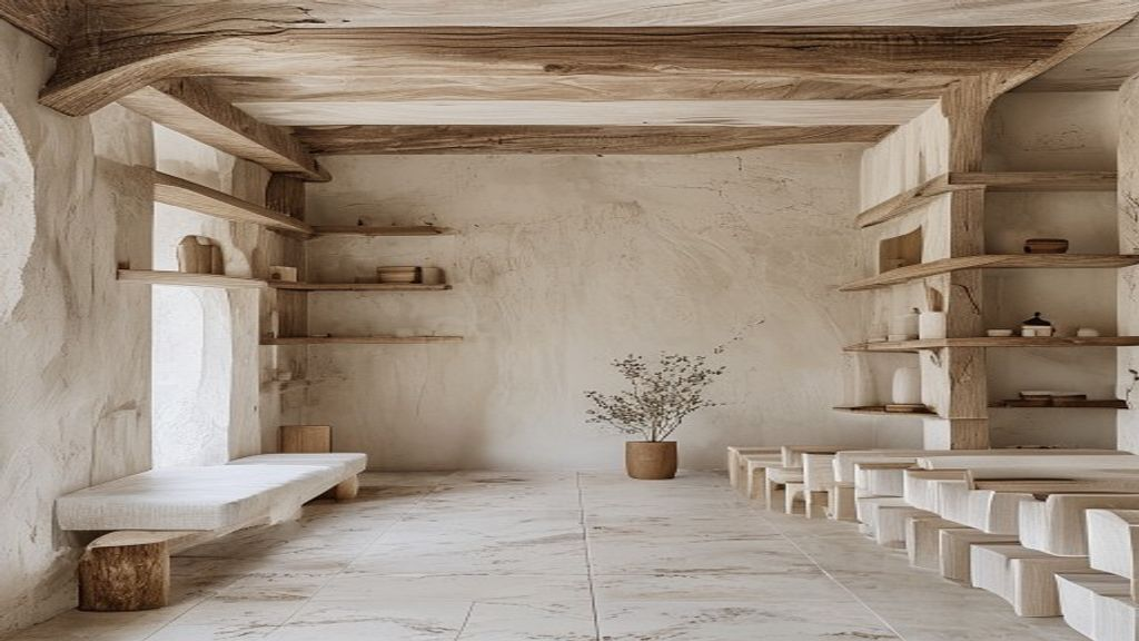 Concepto de salón comedor rústico con estanterías, banco corrido y madera vista