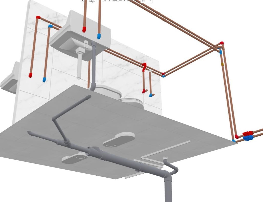 Modelo 3D de baño con tuberías de agua, desagües y sanitarios suspendidos