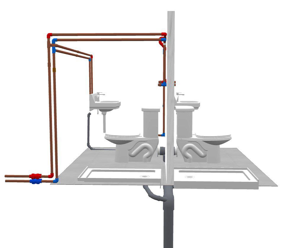 Esquema 3D de fontanería para dos sanitarios con tuberías de agua fría y caliente