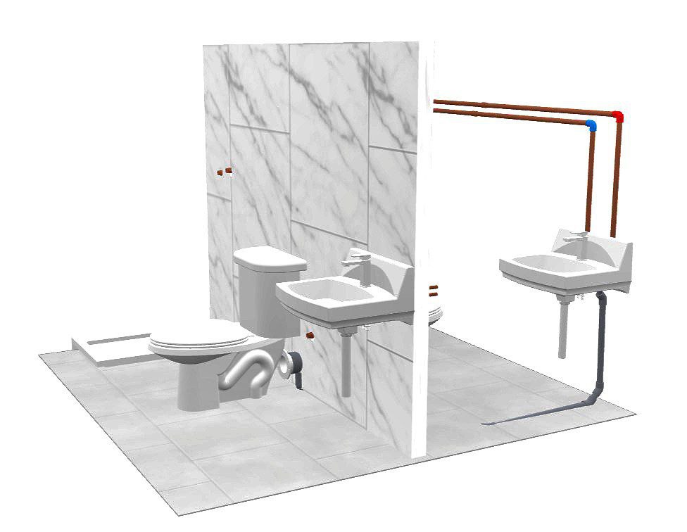 Render técnico de baño con lavabo, inodoro y conducciones vistas de fontanería