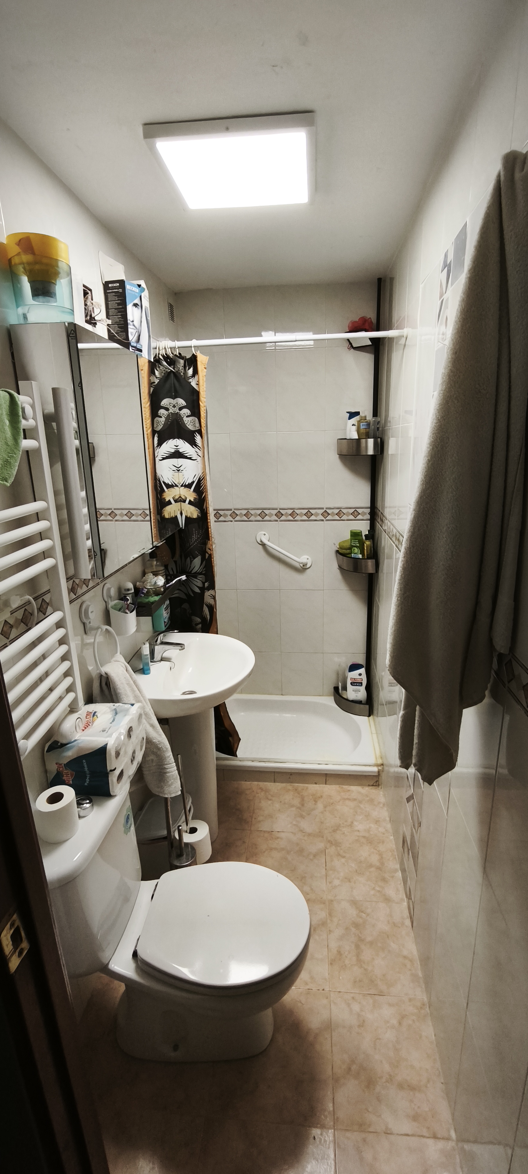 Baño acabado con ducha, lavabo, inodoro, radiador toallero y suelo efecto madera
